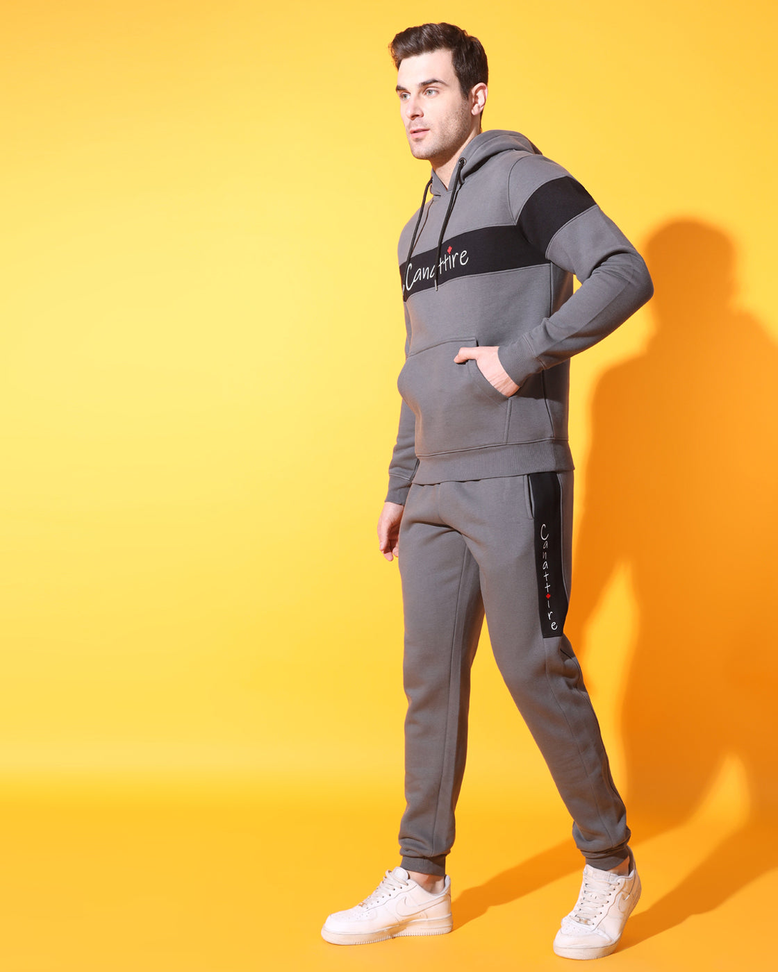 Shadow Slate: Unisex Deep Grey Track Suit with Timeless Black Accents