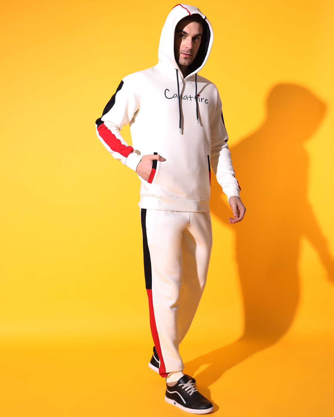 Dynamic Off White Track Suit: Bold Red and Navy Panel Design for Unisex Style