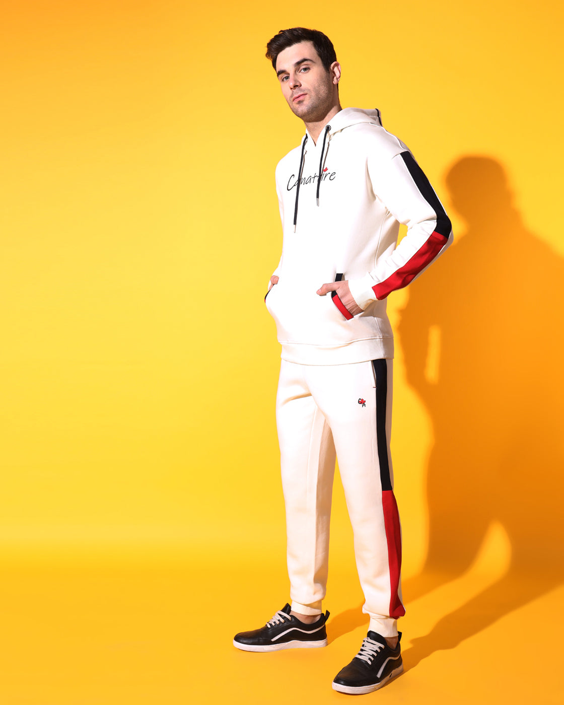 Dynamic Off White Track Suit: Bold Red and Navy Panel Design for Unisex Style