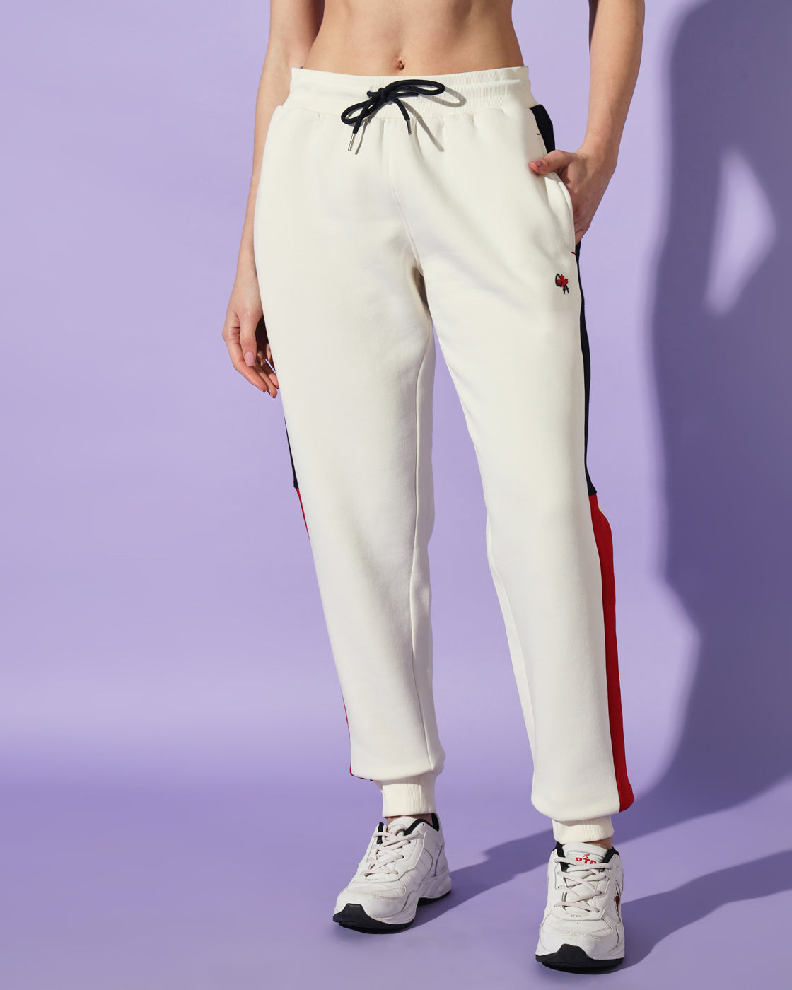 Dynamic Off White Track Suit: Bold Red and Navy Panel Design for Unisex Style