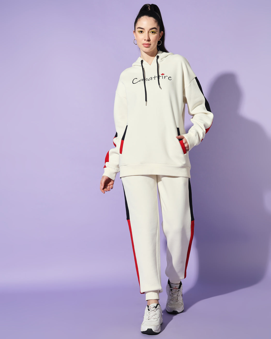 Dynamic Off White Track Suit: Bold Red and Navy Panel Design for Unisex Style